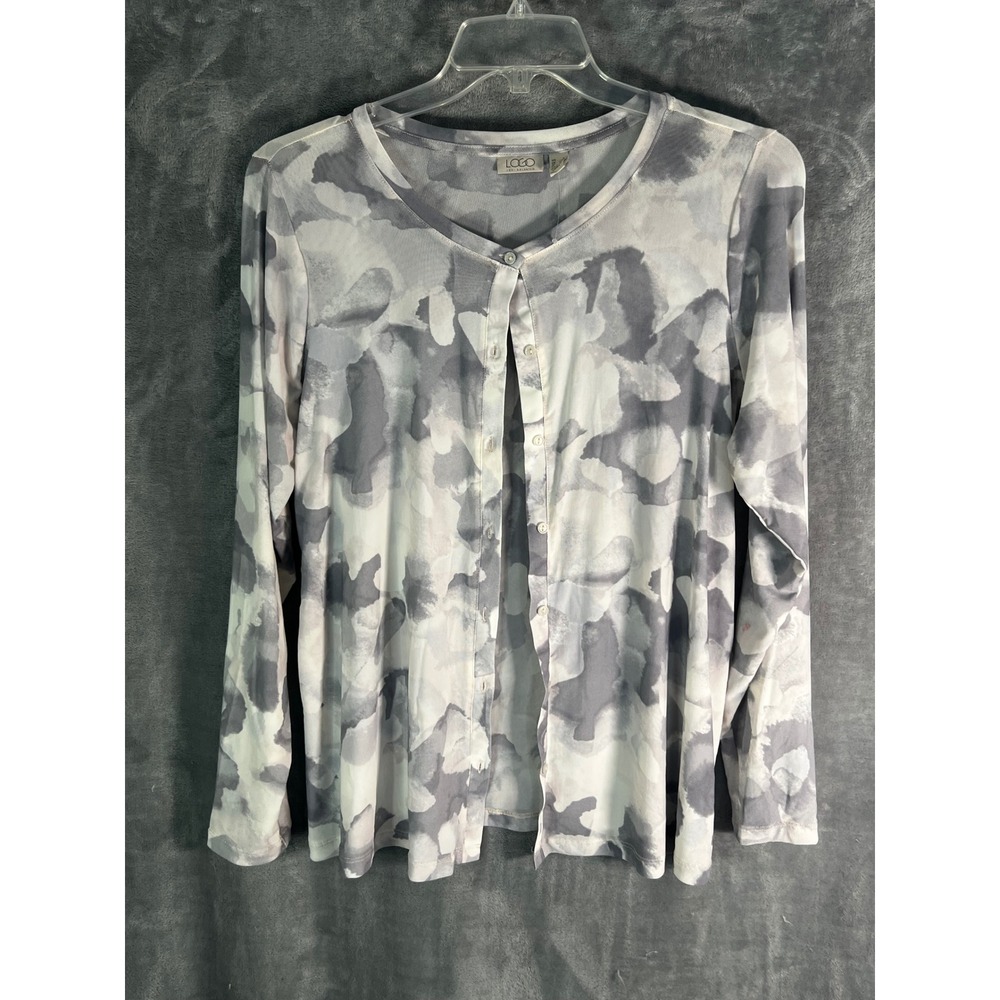 LOGO Lori Goldstein A474584 Watercolor Mesh Button Cardigan L Gray White Sheer